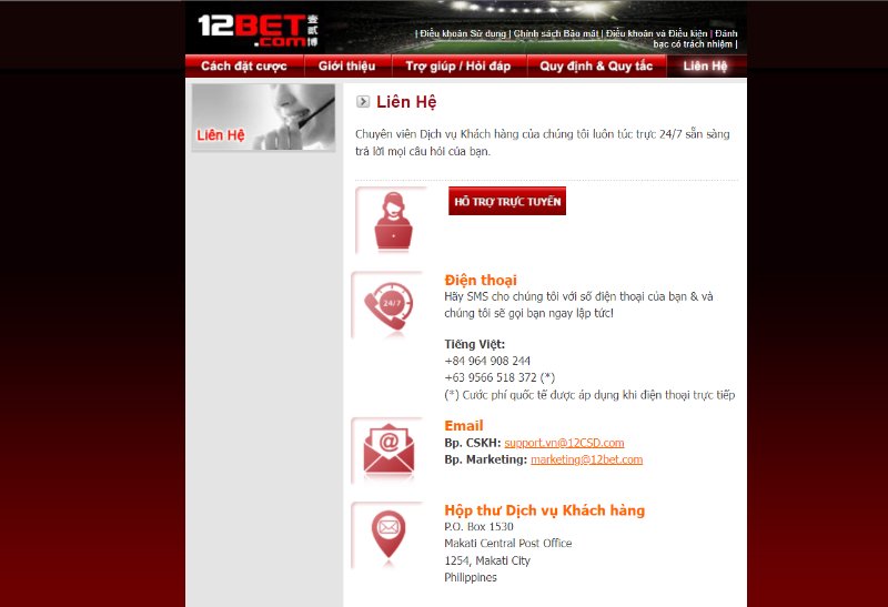 Liên lạc với nhà cái 12Bet 