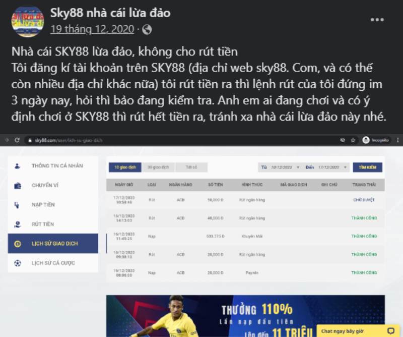 Sky88 không cho rút tiền